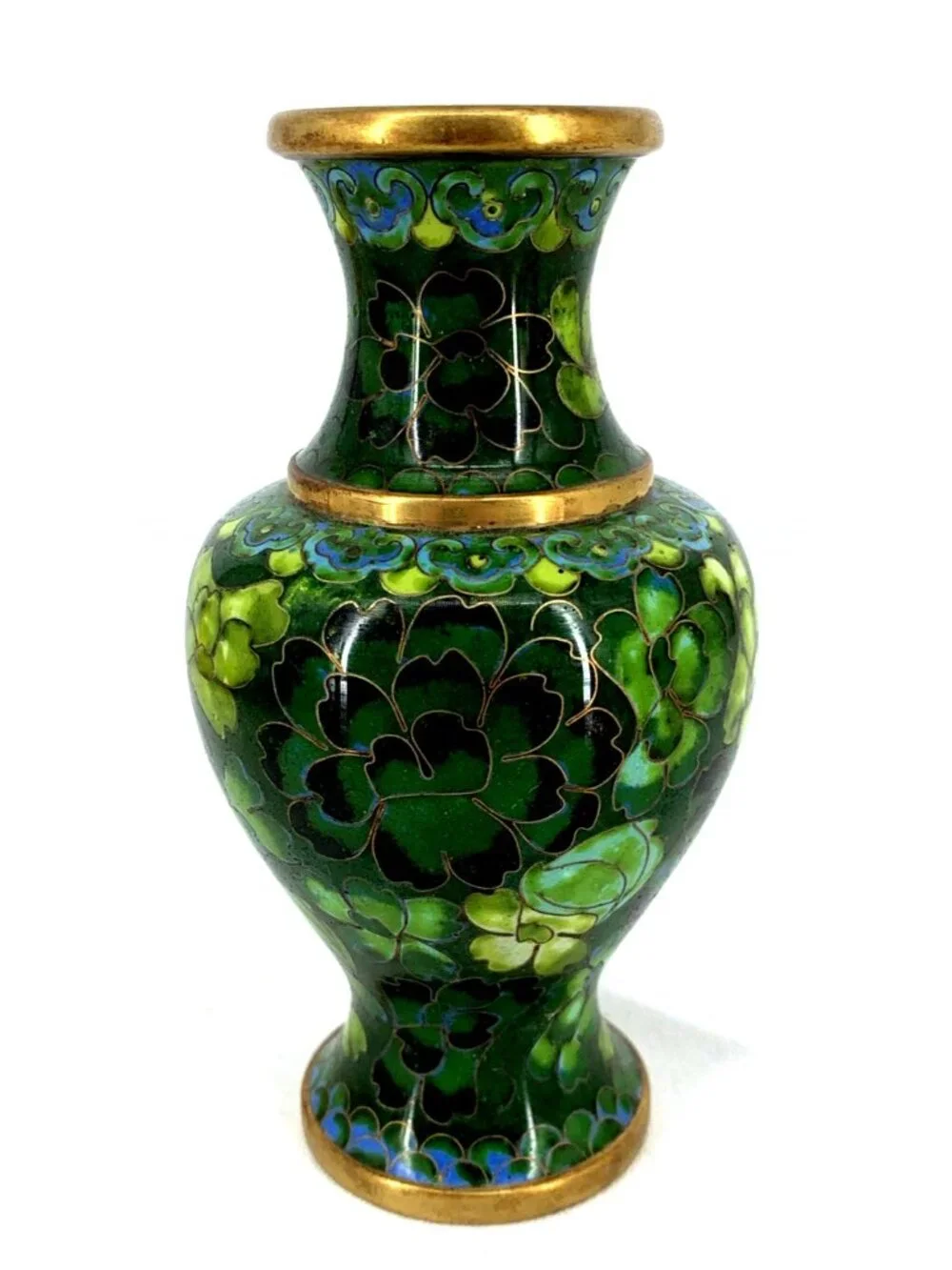 Cloisonne Vase Green Floral 5" Enamel over Brass Vintage - Picture 1 of 6